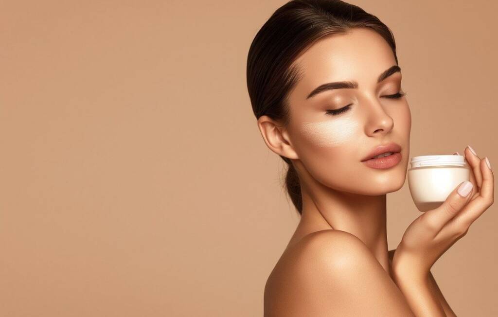 Woman holding a cream.